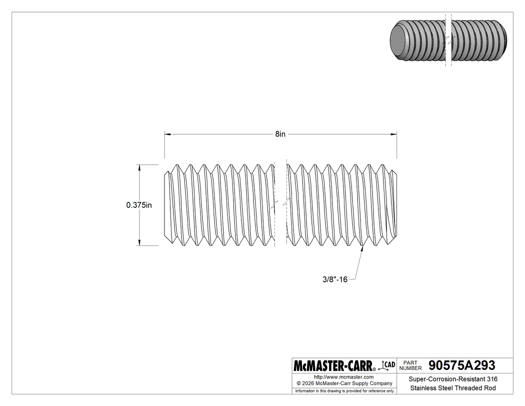 Technical Drawing of Super-Corrosion-Resistant 316 Stainless Steel Threaded Rod, 3/8"-16 Thread Size, 8" Long.